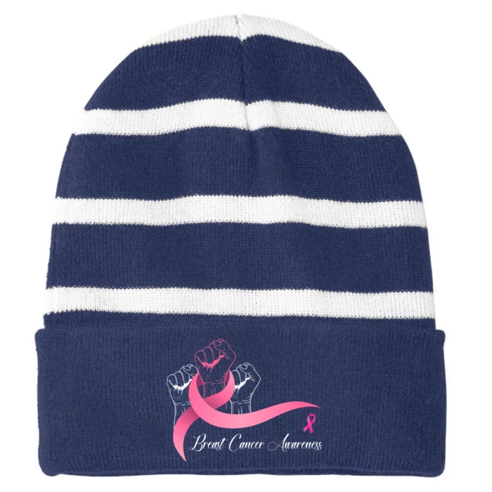 Breast Cancer Awareness Strong Fists Pink Ribbon Striped Beanie with Solid Band