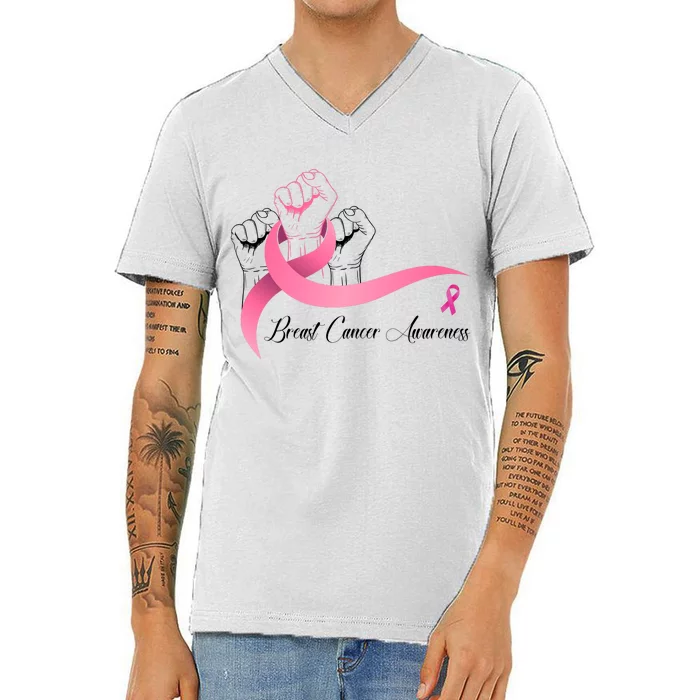 Breast Cancer Awareness Strong Fists Pink Ribbon V-Neck T-Shirt