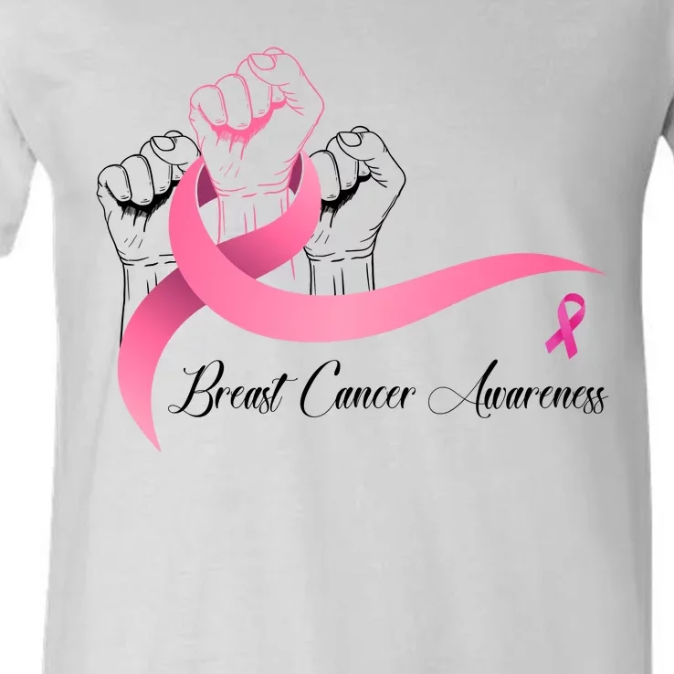 Breast Cancer Awareness Strong Fists Pink Ribbon V-Neck T-Shirt