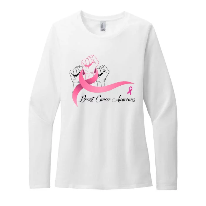 Breast Cancer Awareness Strong Fists Pink Ribbon Womens CVC Long Sleeve Shirt