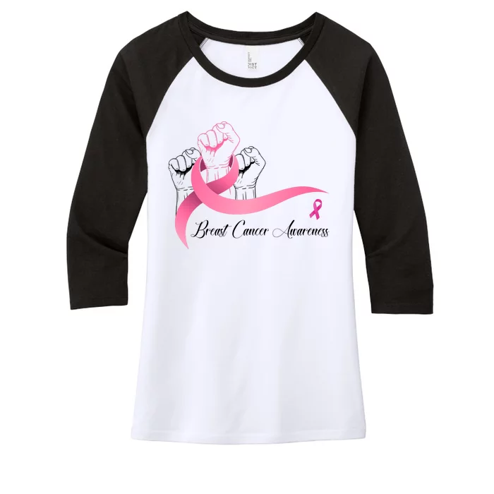 Breast Cancer Awareness Strong Fists Pink Ribbon Women's Tri-Blend 3/4-Sleeve Raglan Shirt