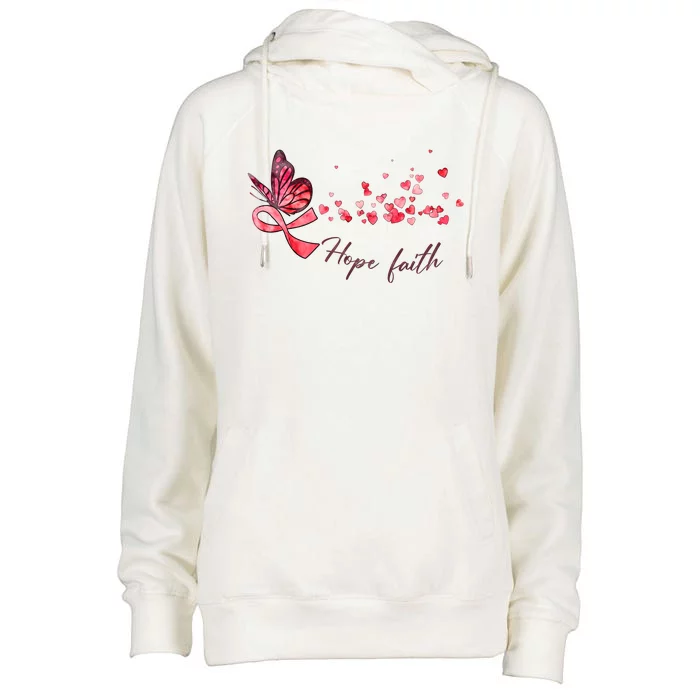 Breast Cancer Awareness Butterfly Pink Ribbon Hope Faith Womens Funnel Neck Pullover Hood