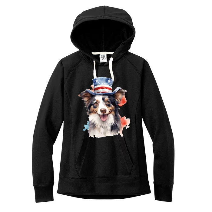 Border Collie American Flag Hat 4th Of July Dog Lover Women's Fleece Hoodie