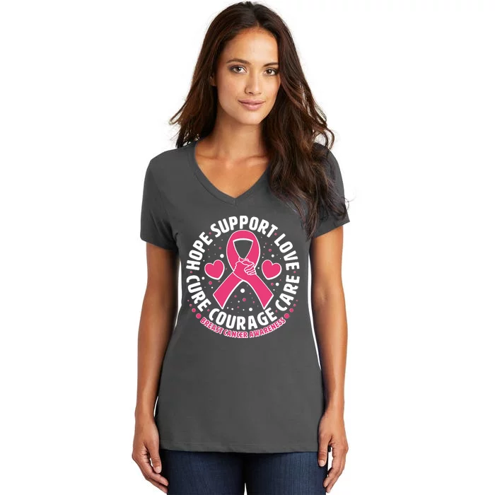 Breast Cancer Awareness Hope Support Love Cure Courage Care Women's V-Neck T-Shirt