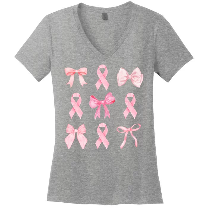 Breast Cancer Awareness Bow Ribbon Women's V-Neck T-Shirt