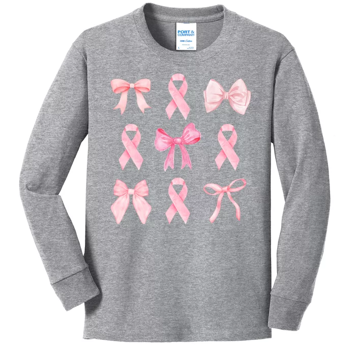 Breast Cancer Awareness Bow Ribbon Kids Long Sleeve Shirt