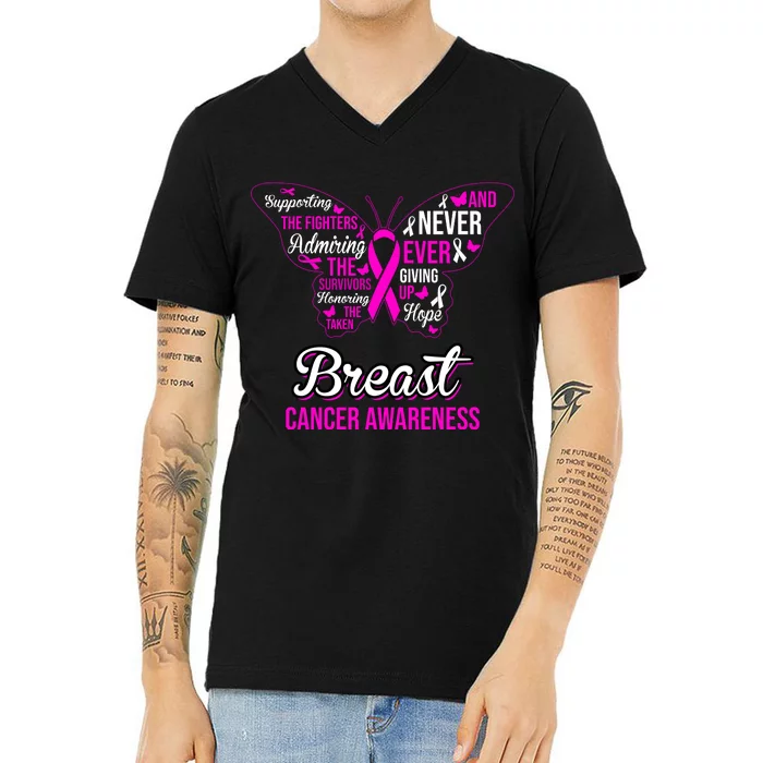 Breast Cancer Awareness Pink Butterfly Ribbon Quotes V-Neck T-Shirt