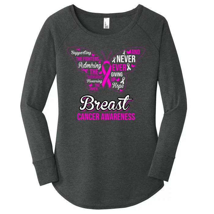 Breast Cancer Awareness Pink Butterfly Ribbon Quotes Women's Perfect Tri Tunic Long Sleeve Shirt