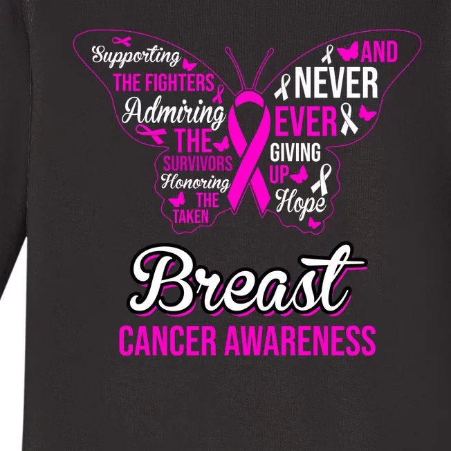 Breast Cancer Awareness Pink Butterfly Ribbon Quotes Baby Long Sleeve Bodysuit