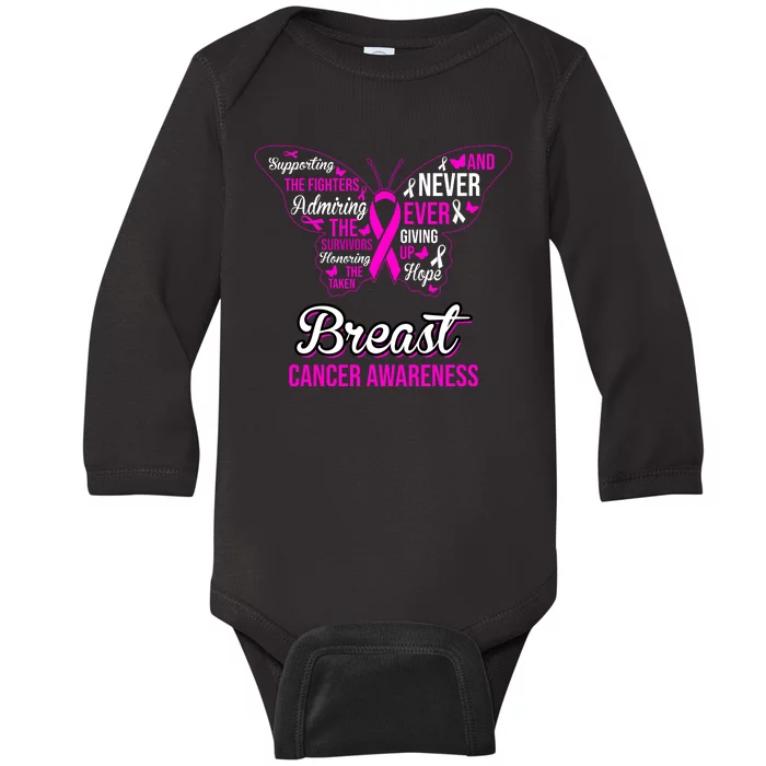 Breast Cancer Awareness Pink Butterfly Ribbon Quotes Baby Long Sleeve Bodysuit