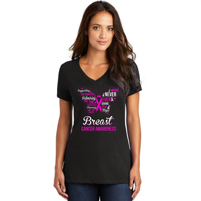 Breast Cancer Awareness Pink Butterfly Ribbon Quotes Women's V-Neck T-Shirt