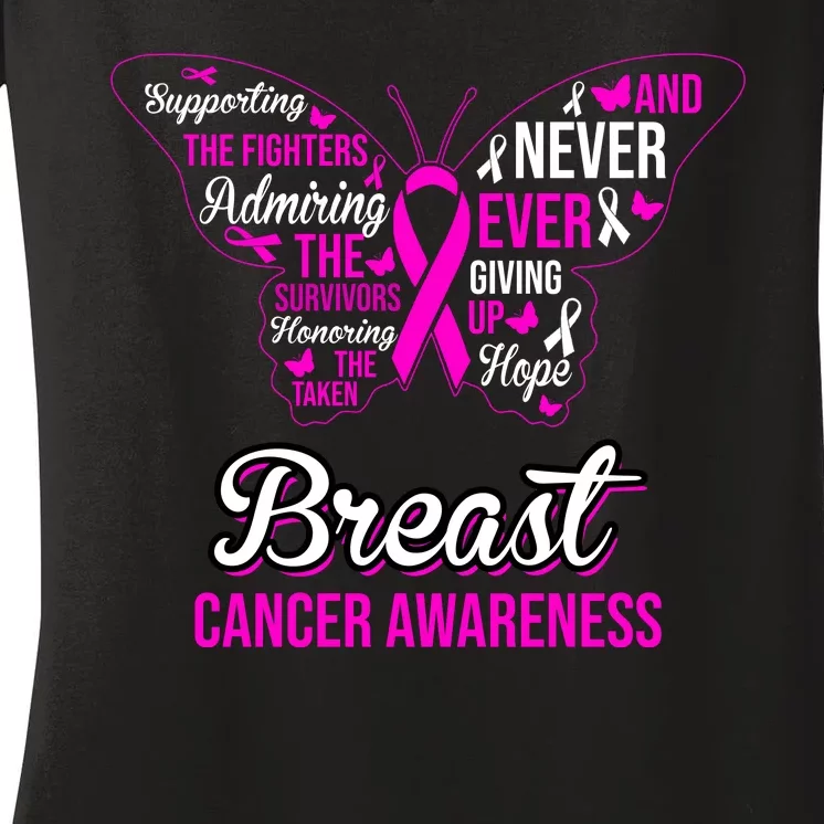 Breast Cancer Awareness Pink Butterfly Ribbon Quotes Women's V-Neck T-Shirt