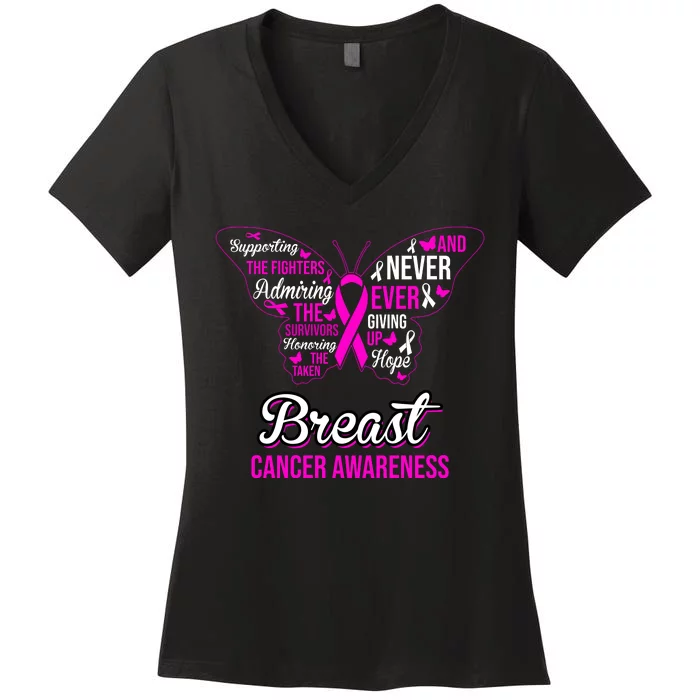 Breast Cancer Awareness Pink Butterfly Ribbon Quotes Women's V-Neck T-Shirt