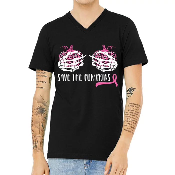 Breast Cancer Awareness Save The Pumpkins Halloween Costume V-Neck T-Shirt