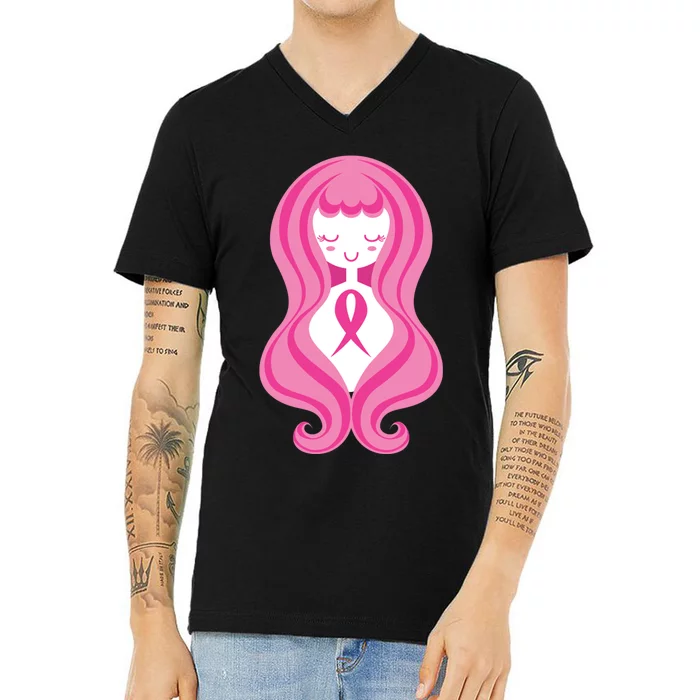 Breast Cancer Awareness Pink Ribbon Girl V-Neck T-Shirt