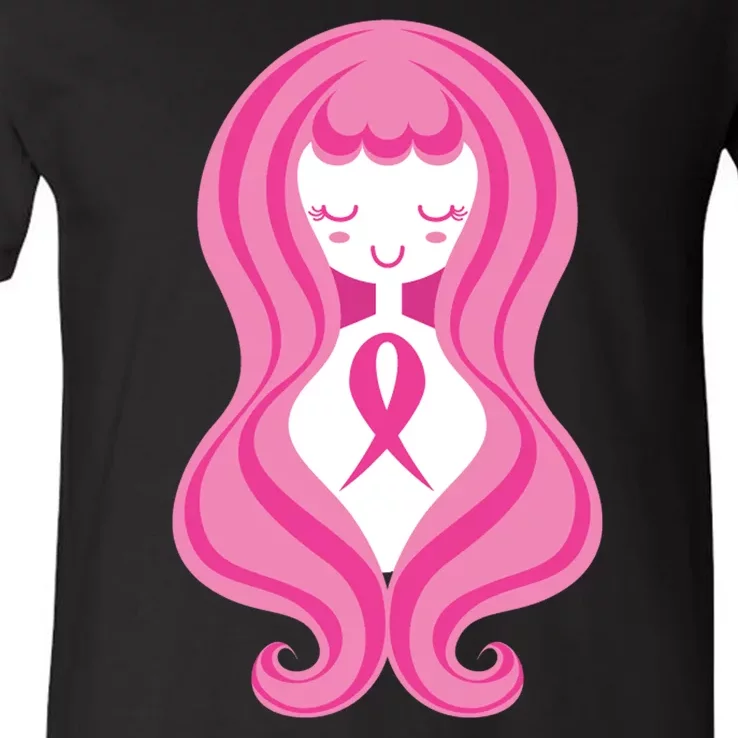 Breast Cancer Awareness Pink Ribbon Girl V-Neck T-Shirt