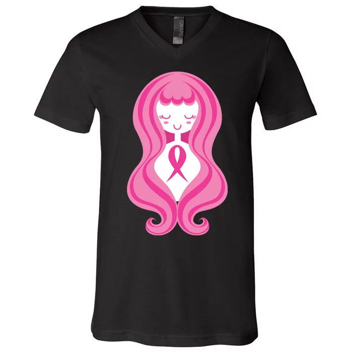 Breast Cancer Awareness Pink Ribbon Girl V-Neck T-Shirt