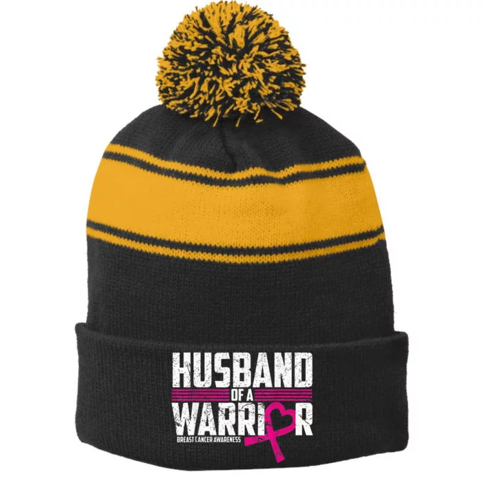 Breast Cancer Awareness Husband Of Warrior Pink Stripe Pom Pom Beanie