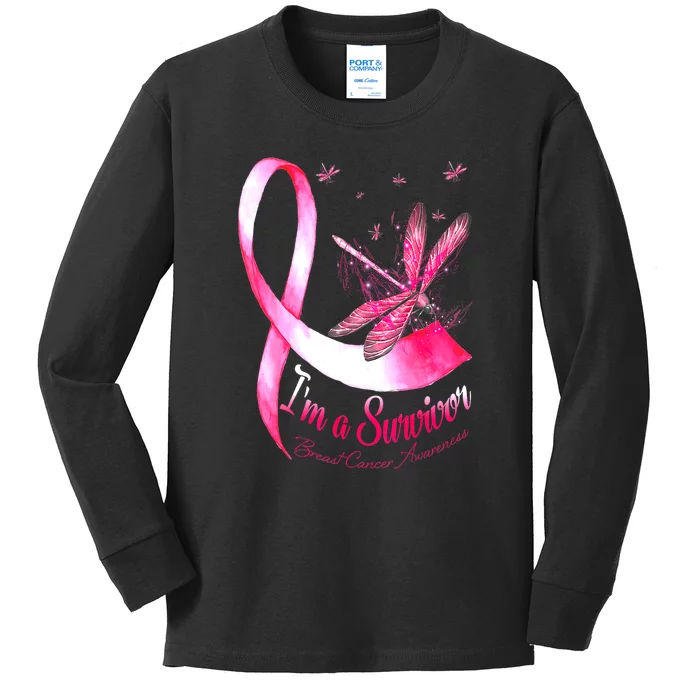 Breast Cancer Awareness Im A Survivor Dragonfly Gift Kids Long Sleeve Shirt