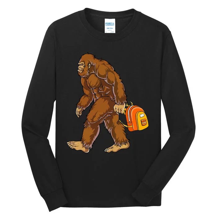 Bigfoot Carrying a Backpack Sasquatch Back To School Funny Tall Long Sleeve T-Shirt