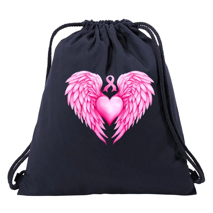 Breast Cancer Awareness Warrior Pink Ribbon Heart Wings Drawstring Bag