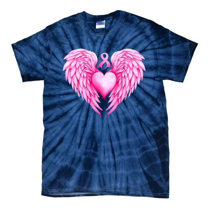 Breast Cancer Awareness Warrior Pink Ribbon Heart Wings Tie-Dye T-Shirt