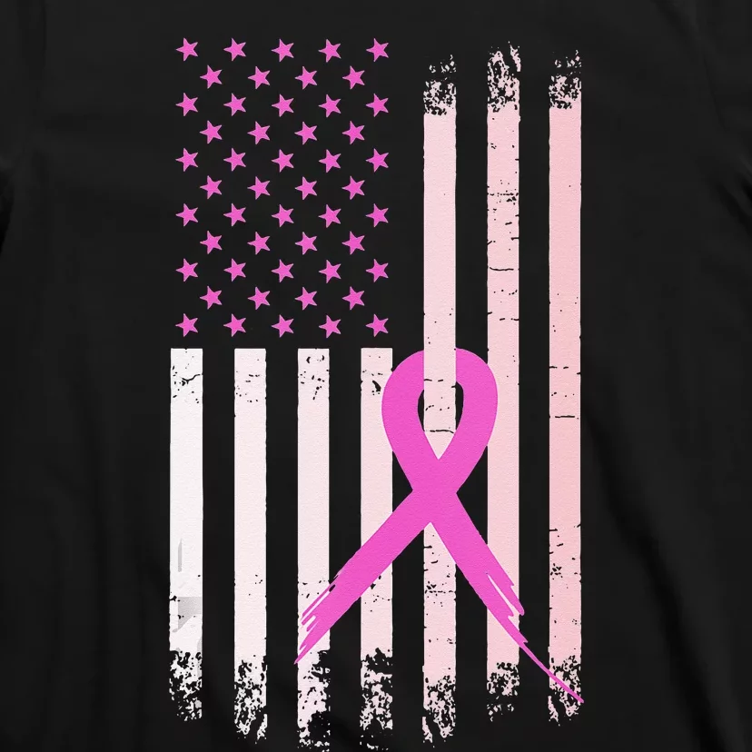 Breast Cancer Awareness Pink Ribbon American Flag USA T-Shirt