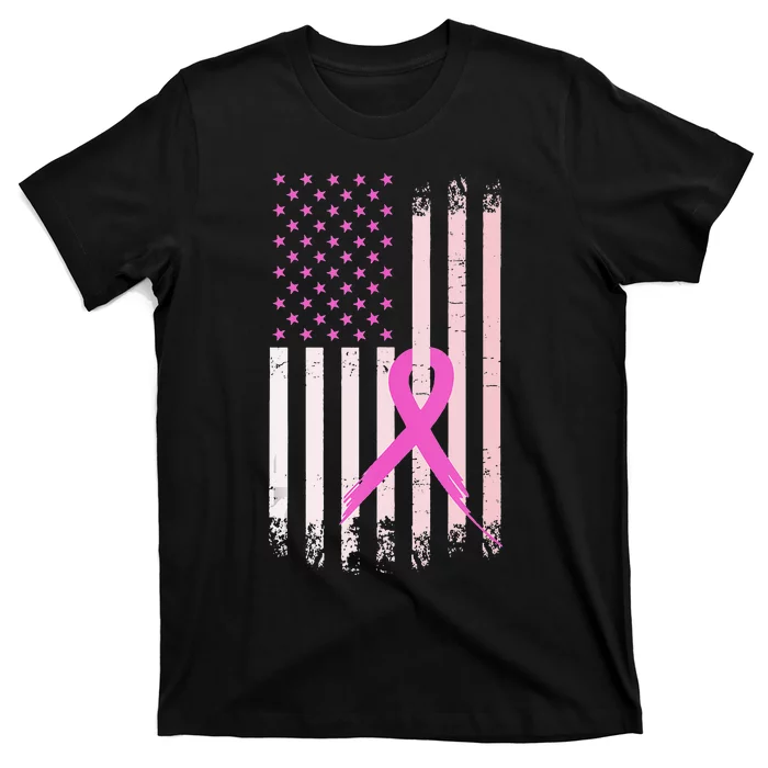 Breast Cancer Awareness Pink Ribbon American Flag USA T-Shirt