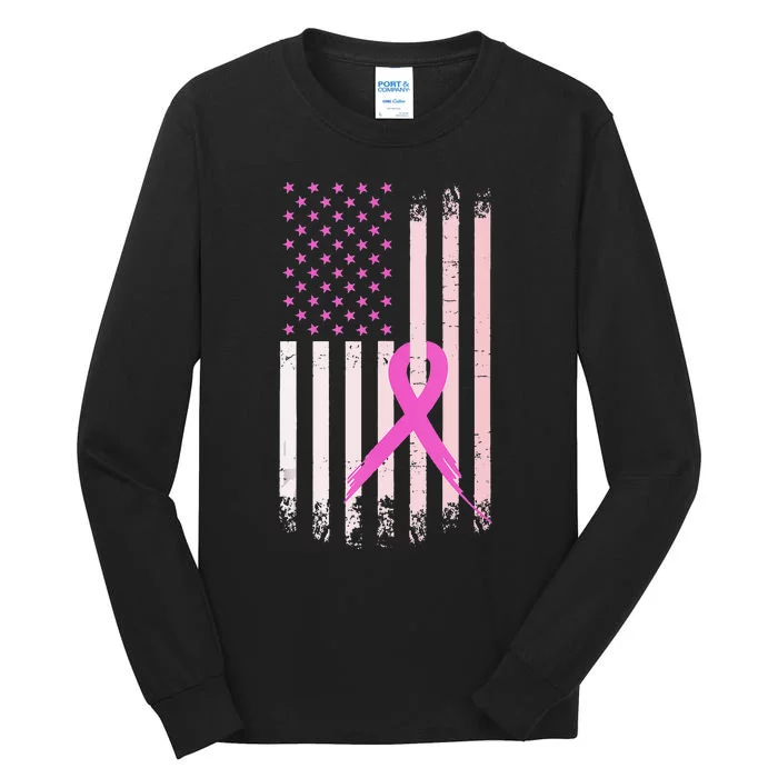 Breast Cancer Awareness Pink Ribbon American Flag USA Tall Long Sleeve T-Shirt