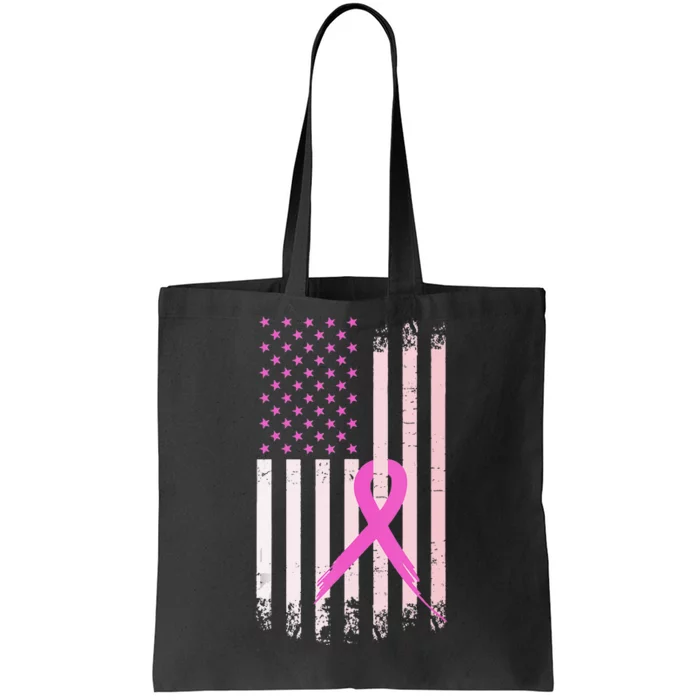 Breast Cancer Awareness Pink Ribbon American Flag USA Tote Bag