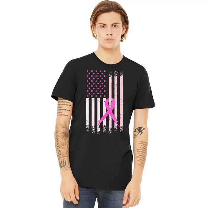 Breast Cancer Awareness Pink Ribbon American Flag USA Premium T-Shirt