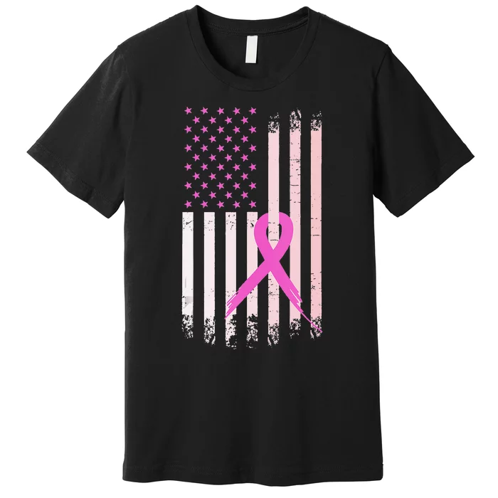 Breast Cancer Awareness Pink Ribbon American Flag USA Premium T-Shirt