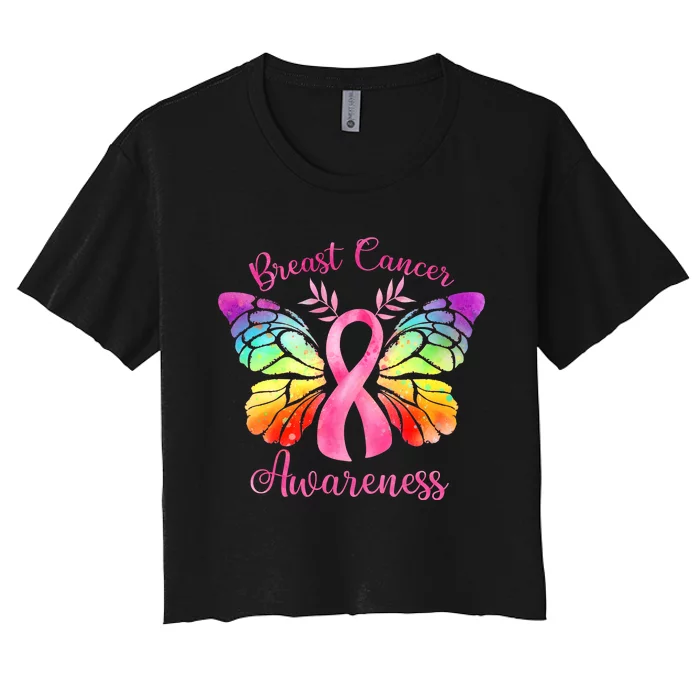 Breast Cancer Awareness Pink Ribbon Butterfly Women's Crop Top Tee