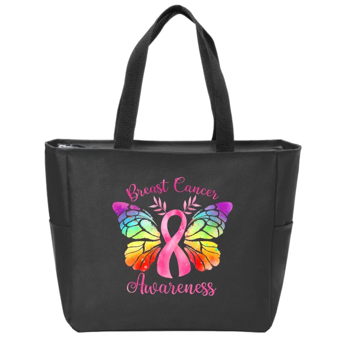 Breast Cancer Awareness Pink Ribbon Butterfly Zip Tote Bag