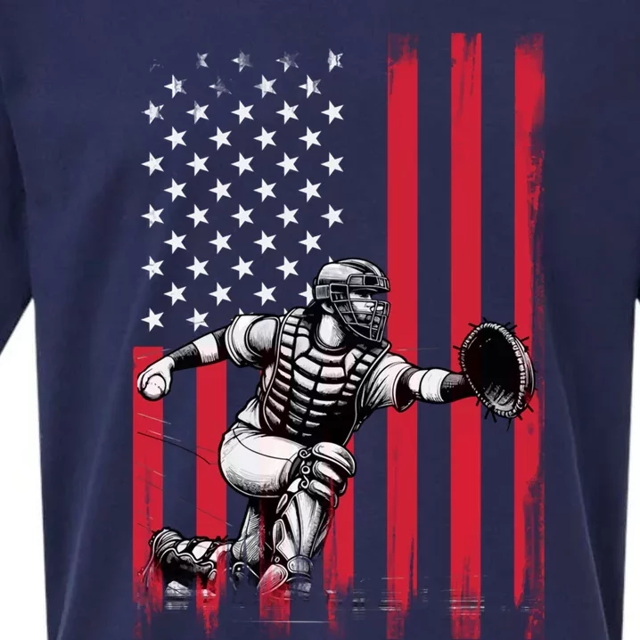 Baseball Catcher American Flag Usa Patriotic 4th Of July Great Gift Sueded Cloud Jersey T-Shirt