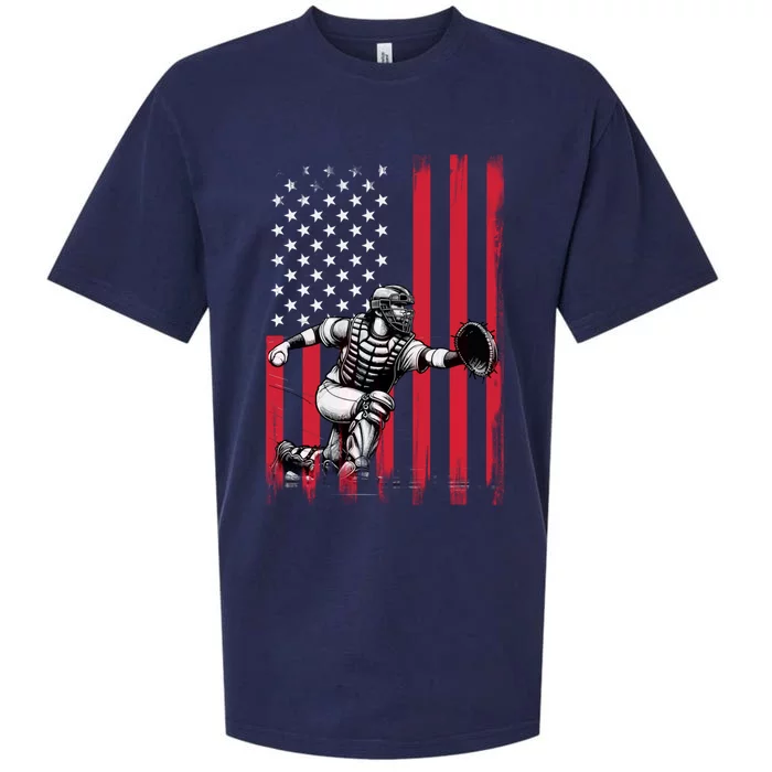 Baseball Catcher American Flag Usa Patriotic 4th Of July Great Gift Sueded Cloud Jersey T-Shirt