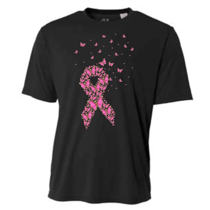 Breast Cancer Awareness Pink Butterfly Ribbon Cooling Performance Crew T-Shirt