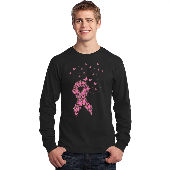 Breast Cancer Awareness Pink Butterfly Ribbon Long Sleeve Shirt