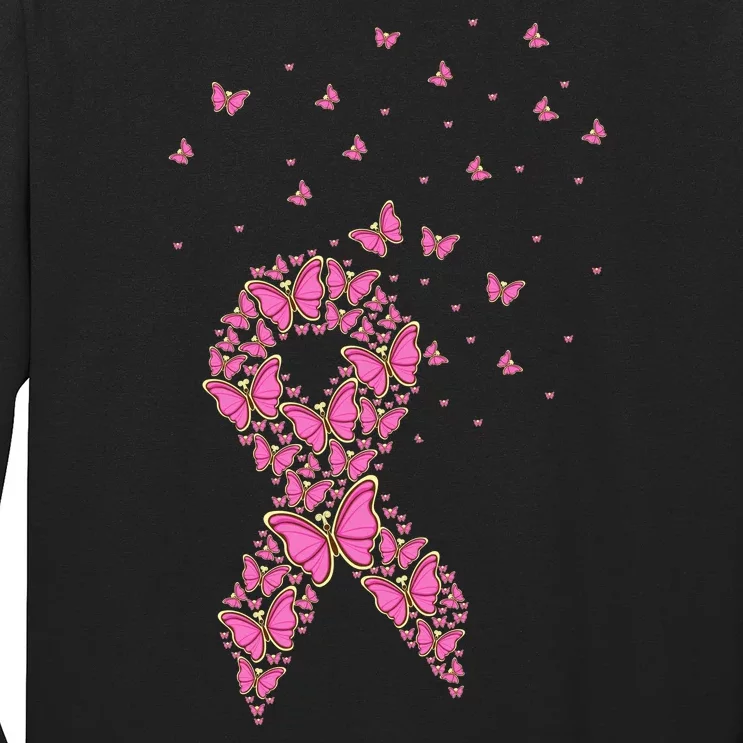 Breast Cancer Awareness Pink Butterfly Ribbon Long Sleeve Shirt