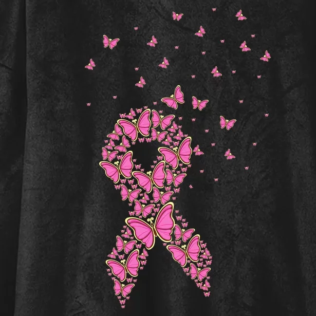 Breast Cancer Awareness Pink Butterfly Ribbon Hooded Wearable Blanket