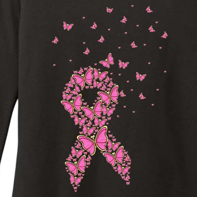 Breast Cancer Awareness Pink Butterfly Ribbon Womens CVC Long Sleeve Shirt