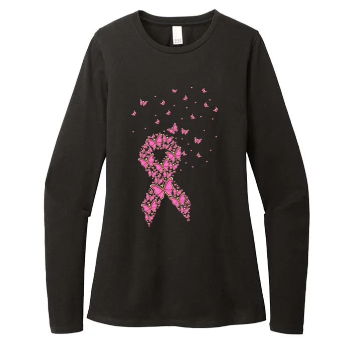 Breast Cancer Awareness Pink Butterfly Ribbon Womens CVC Long Sleeve Shirt