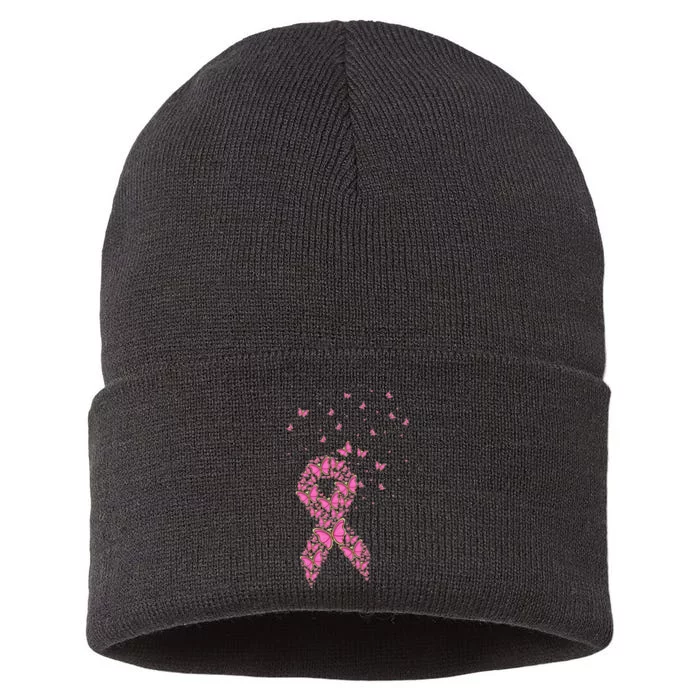 Breast Cancer Awareness Pink Butterfly Ribbon Sustainable Knit Beanie