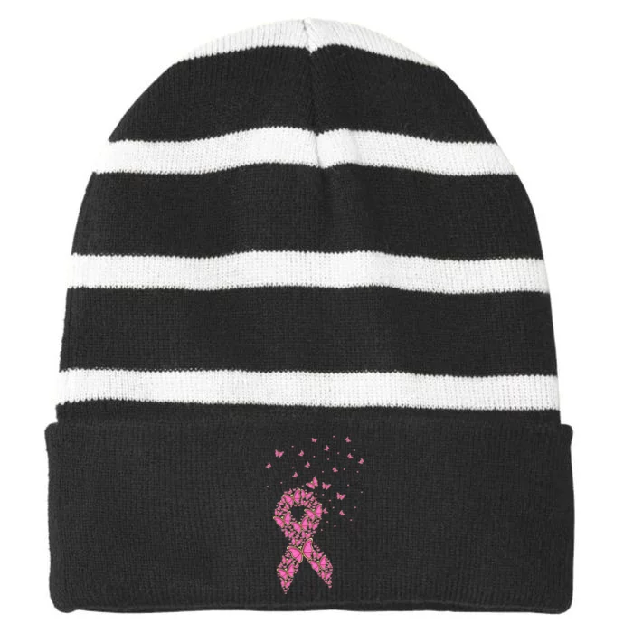 Breast Cancer Awareness Pink Butterfly Ribbon Striped Beanie with Solid Band