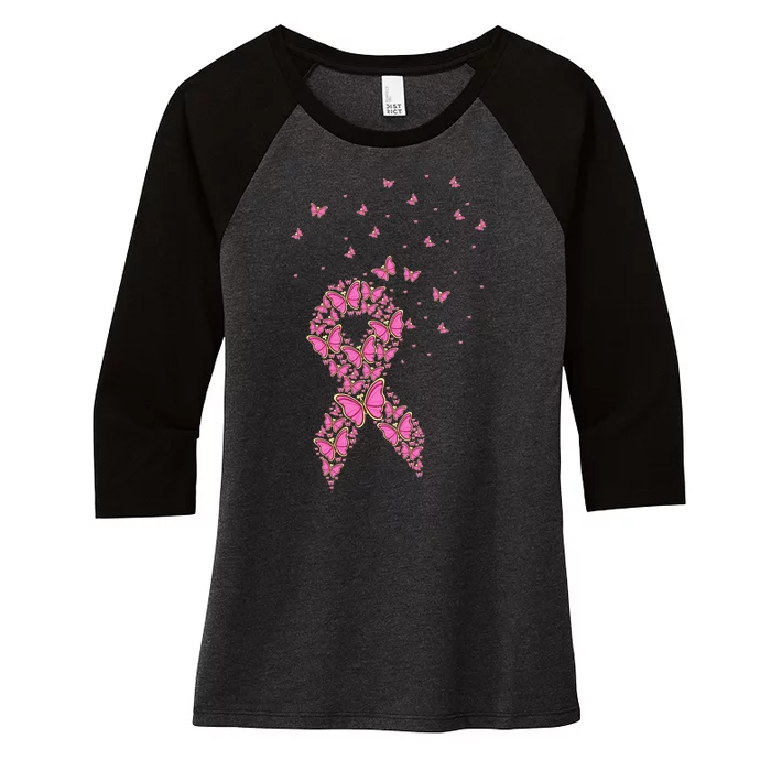 Breast Cancer Awareness Pink Butterfly Ribbon Women's Tri-Blend 3/4-Sleeve Raglan Shirt