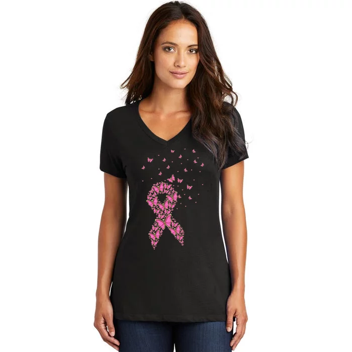 Breast Cancer Awareness Pink Butterfly Ribbon Women's V-Neck T-Shirt