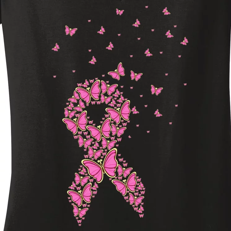 Breast Cancer Awareness Pink Butterfly Ribbon Women's V-Neck T-Shirt