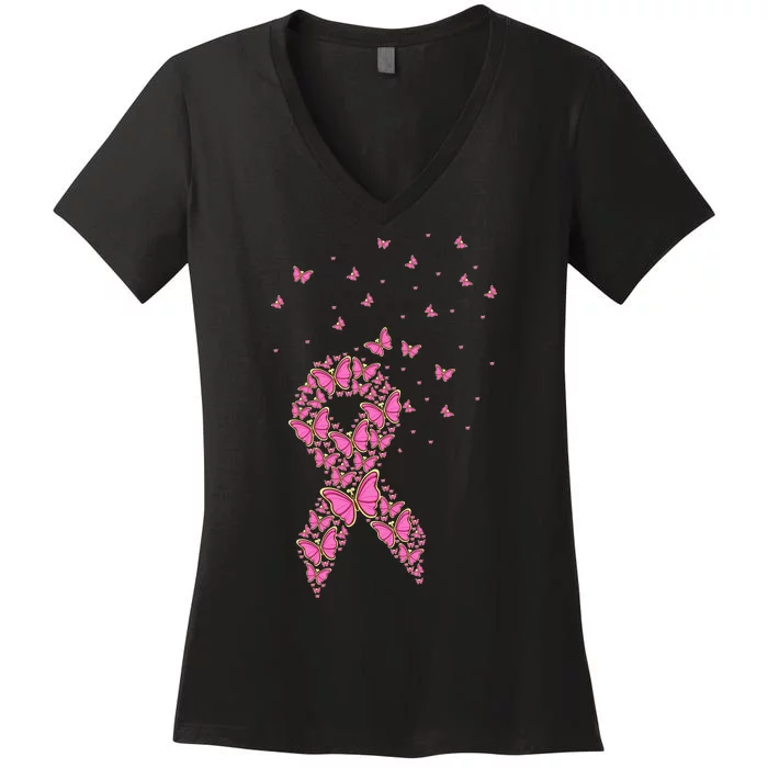 Breast Cancer Awareness Pink Butterfly Ribbon Women's V-Neck T-Shirt