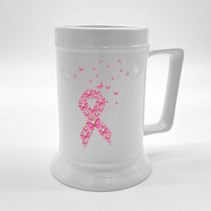 Breast Cancer Awareness Pink Butterfly Ribbon Front & Back Beer Stein