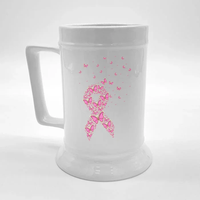 Breast Cancer Awareness Pink Butterfly Ribbon Front & Back Beer Stein